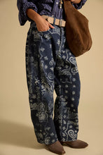 Free People Good Luck Printed Barrel Jeans- Navy Bandana