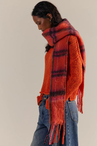 Free People Highland Plaid Skinny Scarf- Pink