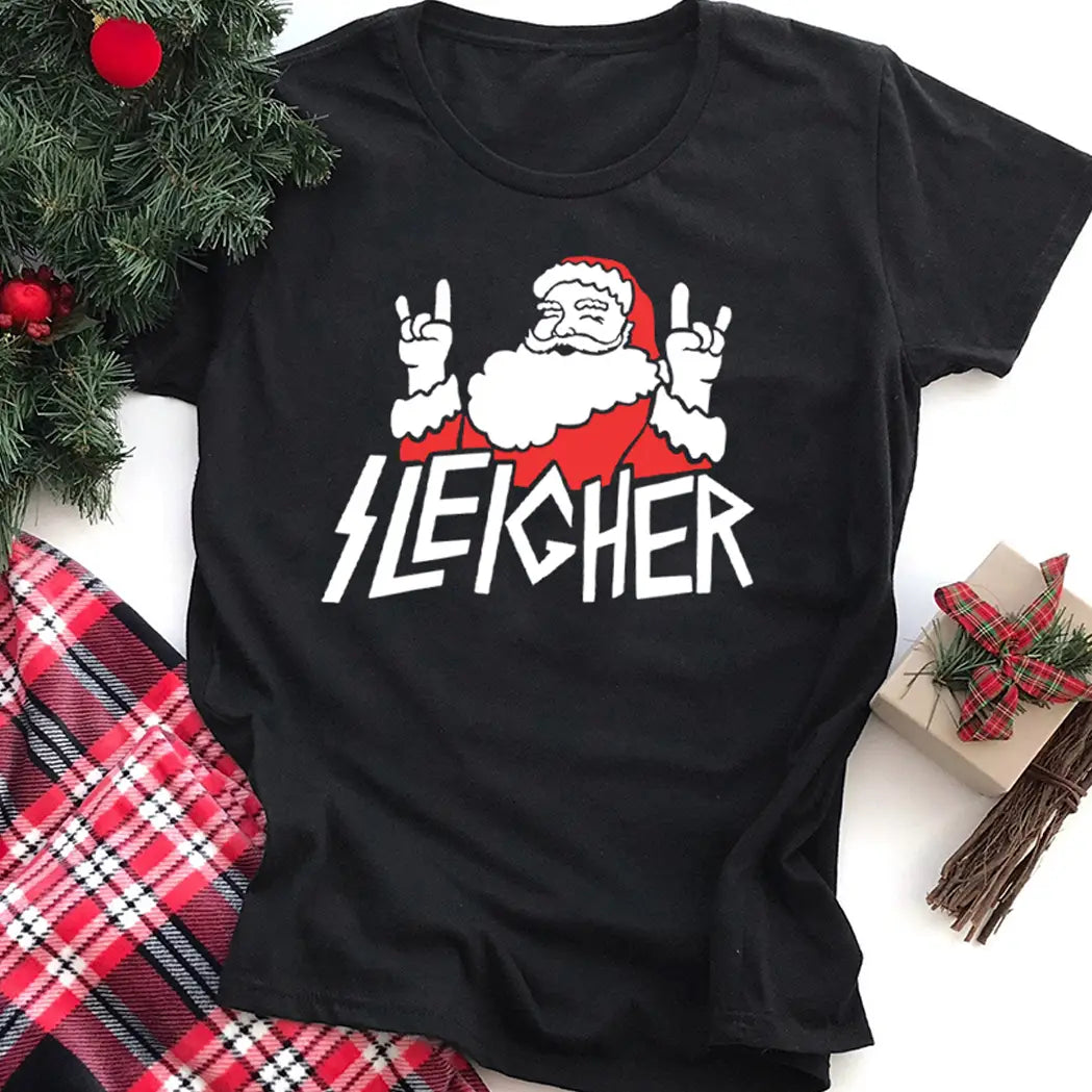 Sleigher Rock On Santa Music Graphic Tee Shirt