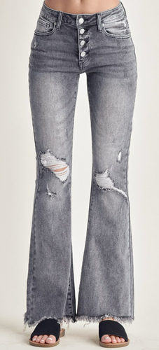 Risen Mid Rise Grey Button Flare Denim